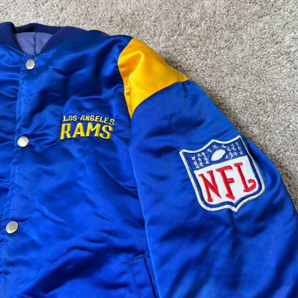 Vintage 80s 90s LA Rams Snap Bomber Jacket Blue Gold NFL Satin Fits Small-Medium